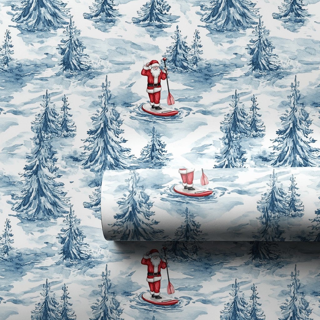 SUP Christmas Gift Wrap, Paddleboarding Santa Wrapping Paper, Winter Forest Holiday Present Paper, Adorable Coastal Xmas Gift
