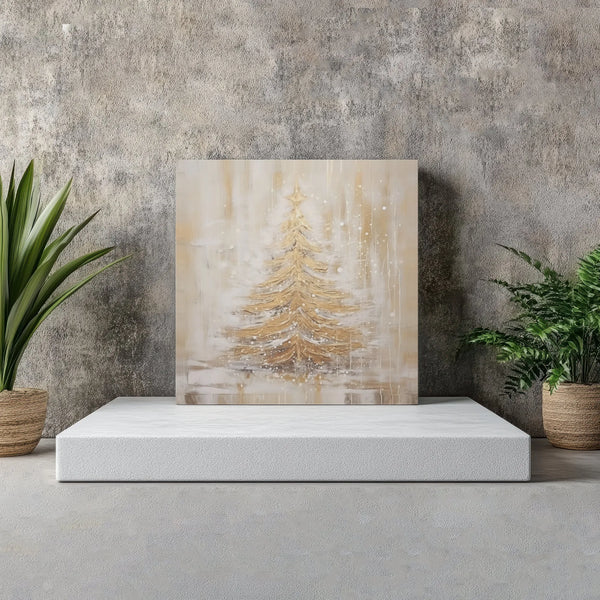 Abstract Snowy Winter Painting Canvas Print, Golden Christmas Tree Square Canvas, Elegant Holiday Season Wall Decor, Xmas Pre