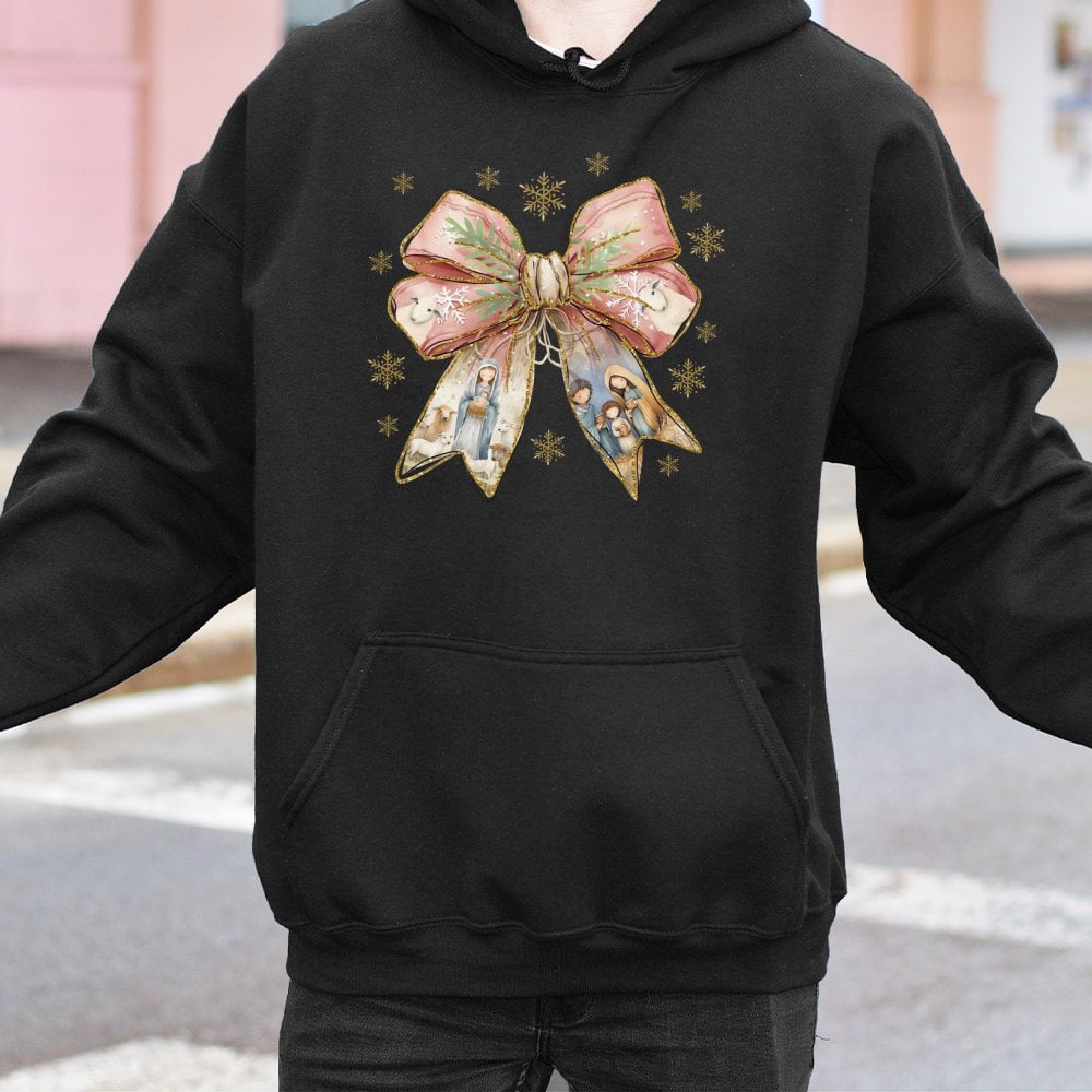 Coquette Bow Christian Holiday Sweatshirt, Nativity Scene Christmas Hoodie, Faith Nativity Hooded Pullover, Jesus Xmas Presen