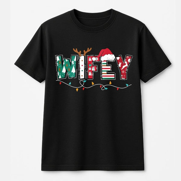 Festive Reindeer Santa Hat Shirt, Wifey Christmas T-Shirt, Matching Holiday Couple T-Shirt, Adorable Xmas Graphic Tee, Winter