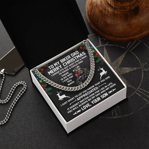 Motorcycle Rider Chain from Son, Biker Dad Cuban Link Chain Necklace, Personalized Christmas Message Card Chain, Mens Biker J
