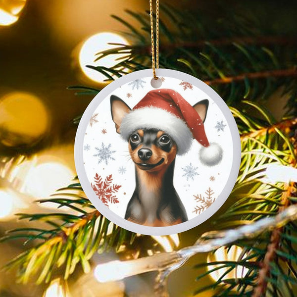 Santa Hat Min Pin Dog Ornament, Miniature Pinscher Christmas Ornament, Ceramic Puppy Tree Ornament, Holiday Keepsake Present 