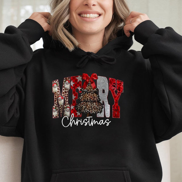 Festive Christmas Tree Sweatshirt, Merry Christmas Leopard Print Hoodie, Retro Leopard Christmas Pullover, Comfy Holiday Hood