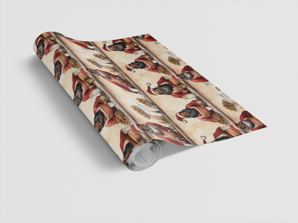 Santa Cookie Break Christmas Wrapping Paper, Black Santa Wrapping Paper, Whimsical Holiday Gift Wrap, Adorable Christmas Pres