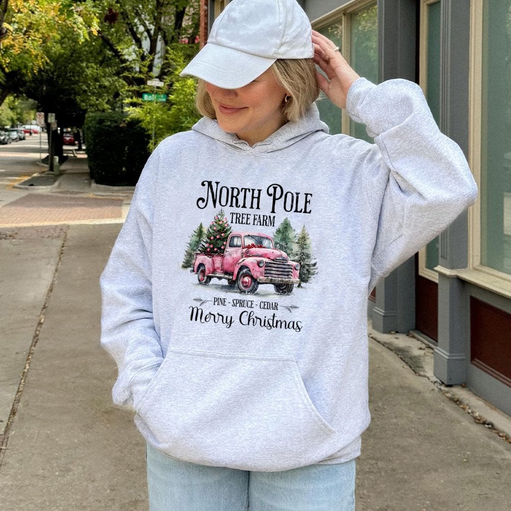 Retro Pink Christmas Truck Sweatshirt, North Pole Tree Farm Hoodie, Festive Farmhouse Holiday Pullover, Comfy Xmas Winter Swe