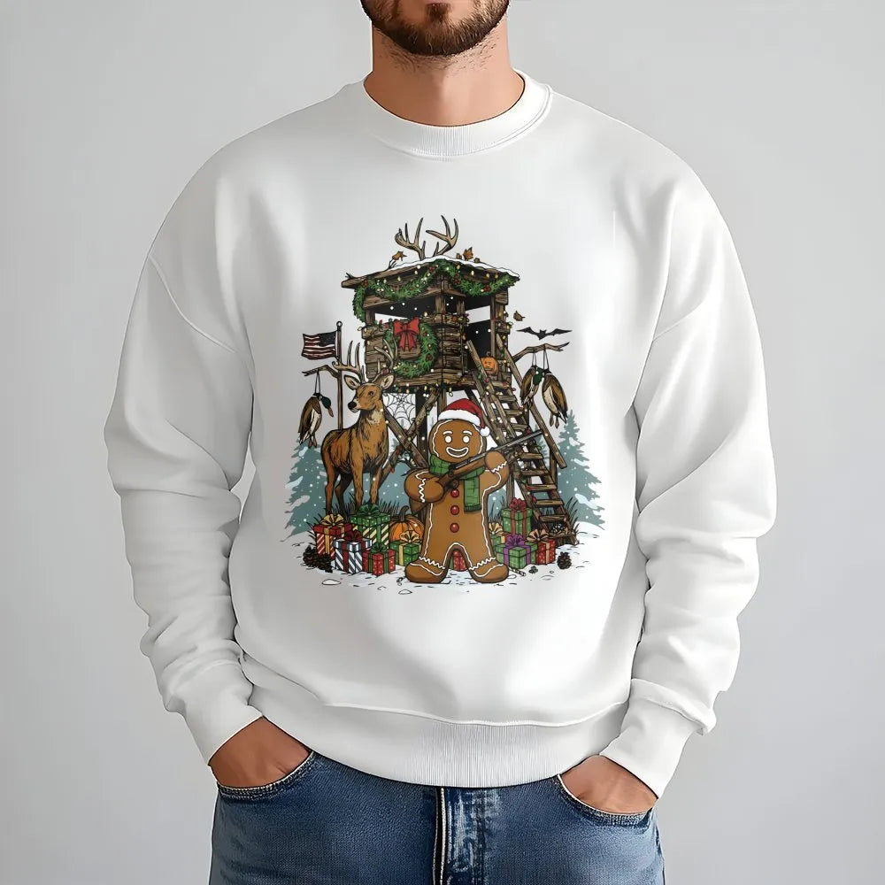 Humorous Deer Hunter Sweatshirt, Gingerbread Man Hunting Sweatshirt, Christmas Cabin Scene Pullover, Holiday Hunting Sweatshi