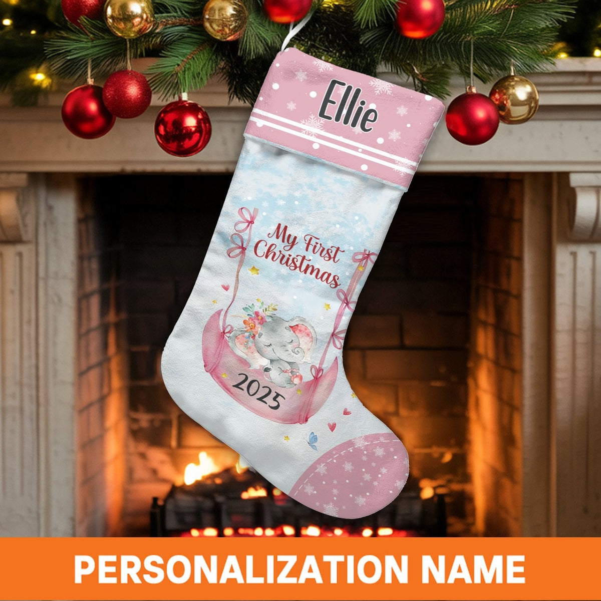 My First Christmas Stocking 2025, Personalized Baby Elephant Moon Christmas Stocking, Custom Baby Holiday Stocking, Nursery C
