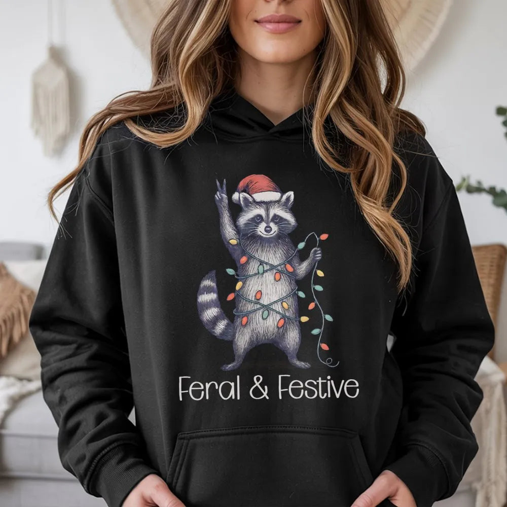 Humorous Christmas Animal Graphic Sweatshirt, Feral and Festive Raccoon Hoodie, Adorable Trash Panda Holiday Pullover, Retro 