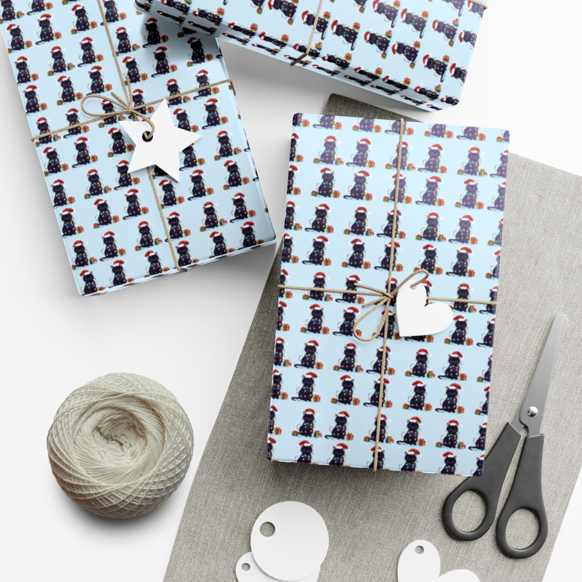 Santa Hat Kitten Gift Wrap, Christmas Black Cat Wrapping Paper, Fairy Lights Holiday Wrapping Paper, Adorable Cat Lover Gift 