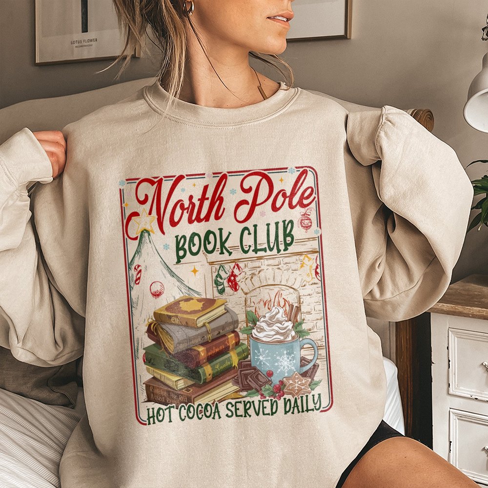 Comfy Christmas Reader Graphic Crewneck, North Pole Book Club Sweatshirt, Adorable Holiday Bookish Pullover, Xmas Book Lover 