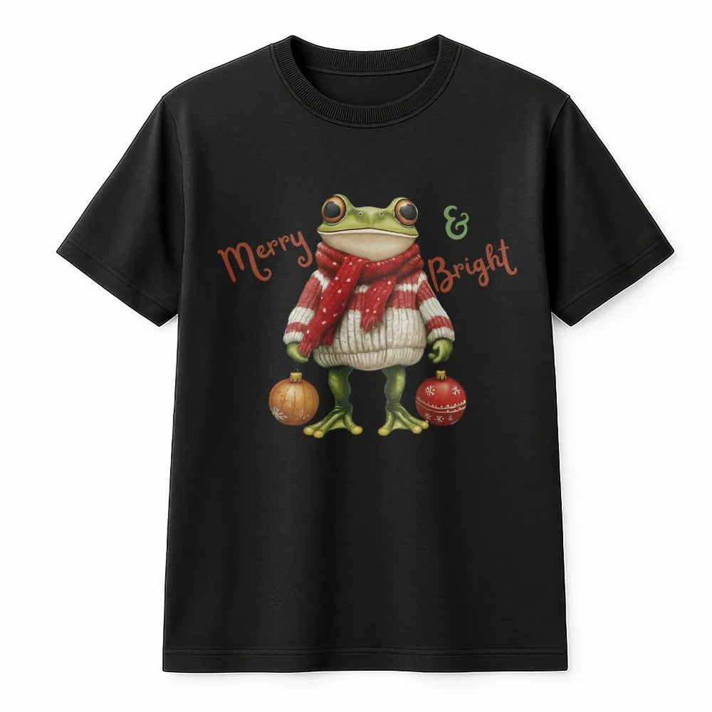 Festive Toad Graphic Tee, Merry and Bright Christmas Frog Shirt, Retro Christmas Frog T-Shirt, Adorable Animal Xmas Tee, Holi