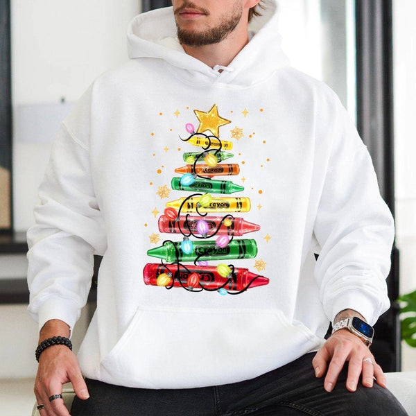 Art Teacher Holiday Hooded Sweatshirt, Christmas Crayon Tree Hoodie, Colorful Educator Xmas Hoodie, School Teacher Graphic Pu