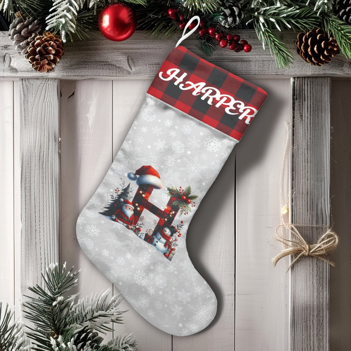 Custom Name Plaid Stocking, Personalized Buffalo Plaid Monogram Christmas Stocking, Velboa Holiday Stocking, Festive Family M