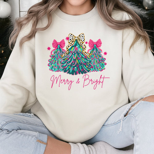 Pink Bow Tree Holiday Crewneck, Merry and Bright Christmas Sweatshirt, Preppy Coquette Xmas Sweater, Adorable Winter Holiday 