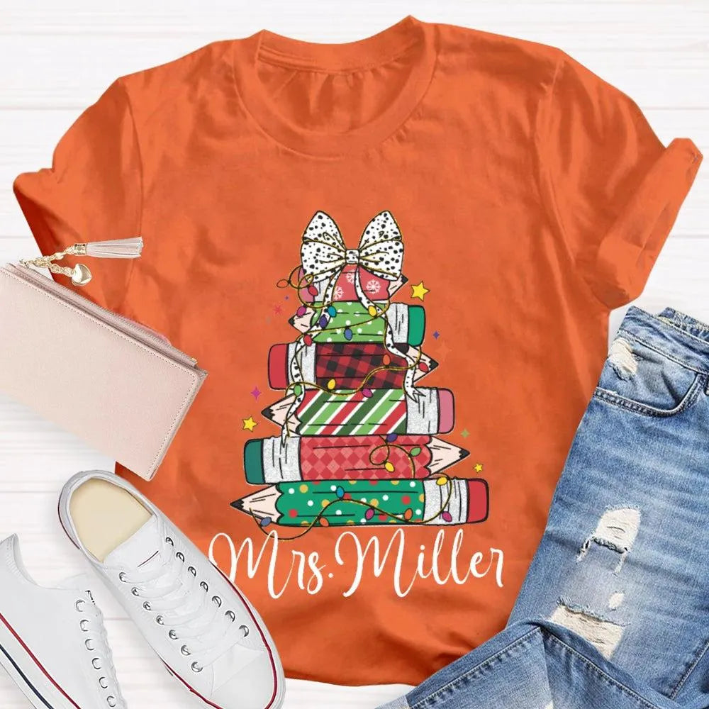 Colorful Crayons Bows Holiday Shirt, Personalized Christmas T-Shirt, Custom Name Kids Xmas Graphic Tee, Festive School Party 