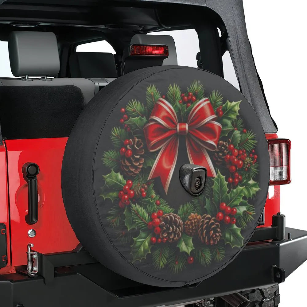 Festive Pinecone Red Bow Tire Cover, Christmas Wreath Spare Tire Cover, Waterproof Holiday Tire Cover, Xmas Jeep SUV Car Deco