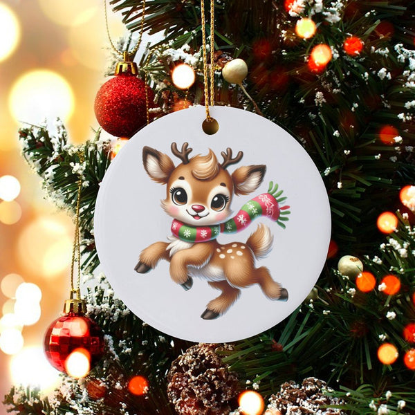 Cartoon Deer with Scarf Ornament, Adorable Baby Reindeer Christmas Ornament, Festive Ceramic Tree Ornament, Holiday Keepsake 