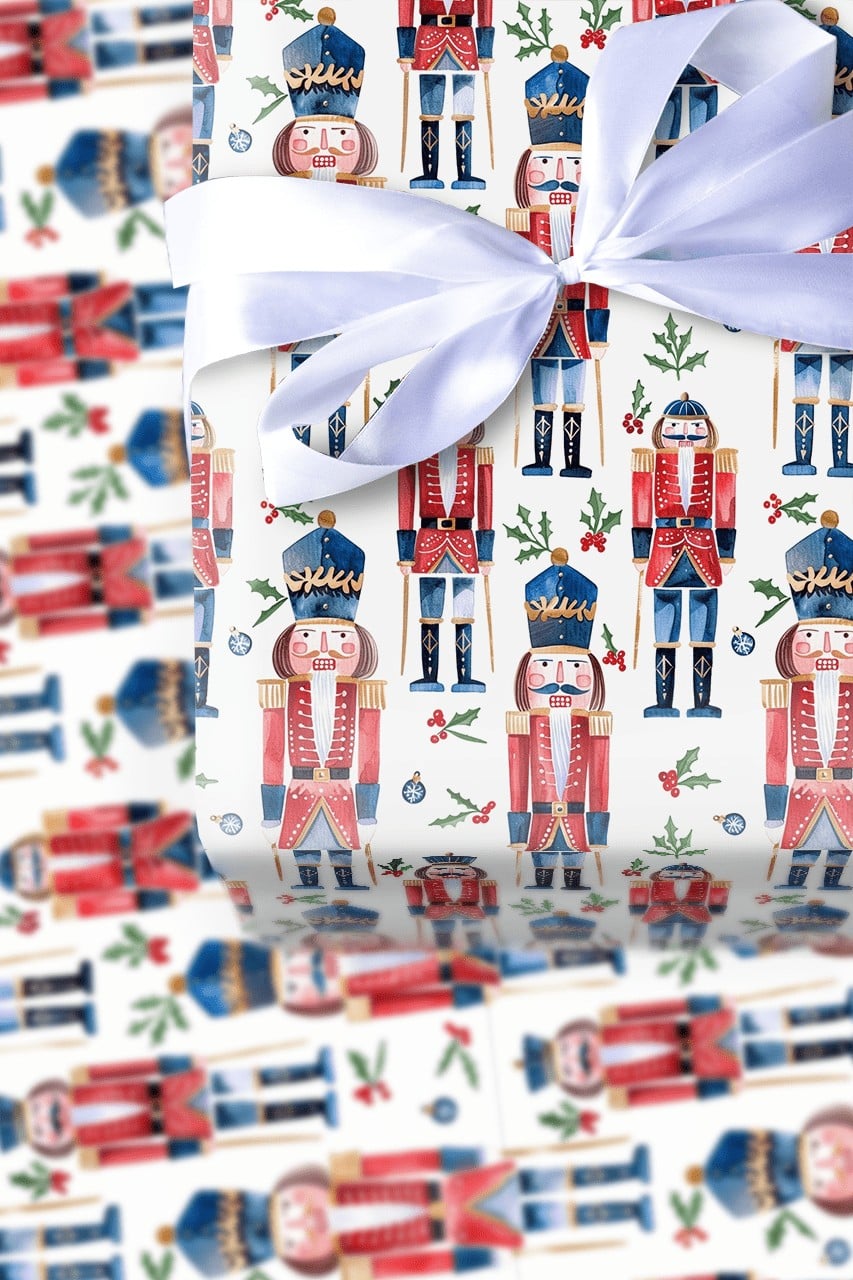 Watercolor Christmas Gift Wrap Roll, Nutcracker Wrapping Paper, Holiday Nutcracker Soldier Wrapping Paper, Festive Xmas Gift 