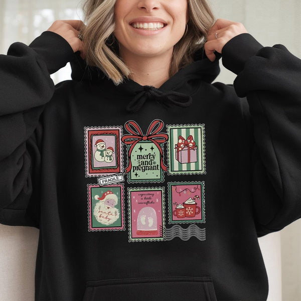 Vintage Holiday Stamp Pullover, Merry and Pregnant Christmas Hoodie, Pregnancy Announcement Hooded Sweatshirt, Expecting Mom 