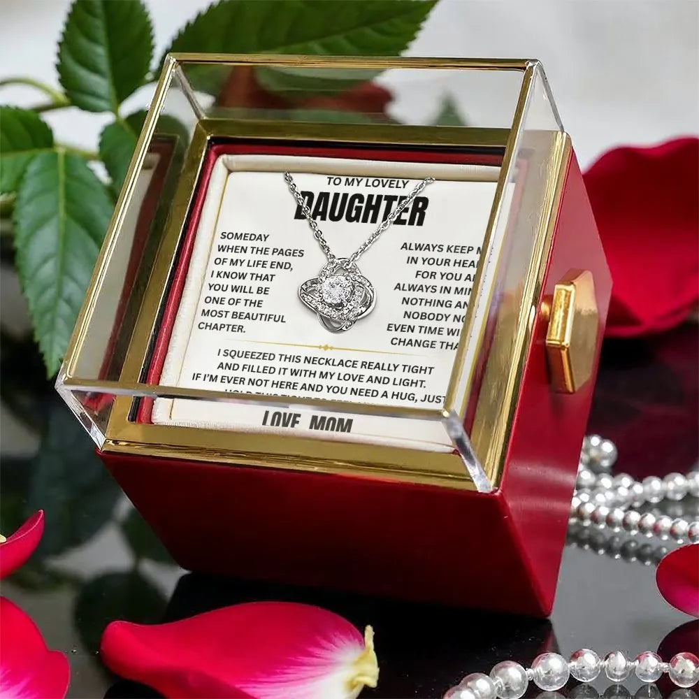 Rotating Rose Gift Box Gold Knot Pendant, Daughter Love Knot Necklace, Meaningful Daughter Jewelry, Birthday Christmas Keepsa