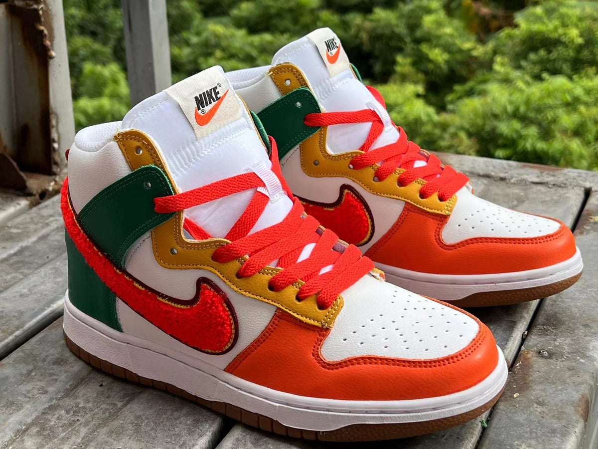 High Top Sneakers, Orange White Green Colorway, Lace Up Design, Casual Gift for Sneaker Fans
