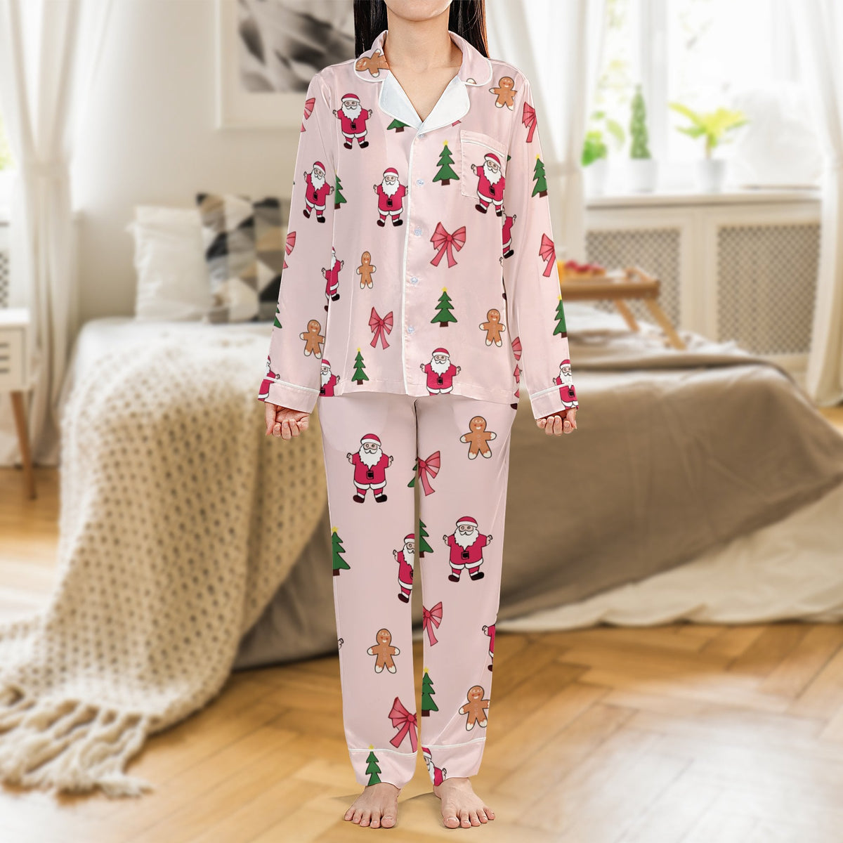 Santa Gingerbread Pajamas, Christmas Satin Pajamas Set, Silky Holiday Sleepwear, Festive Winter Loungewear Set, Holiday Prese