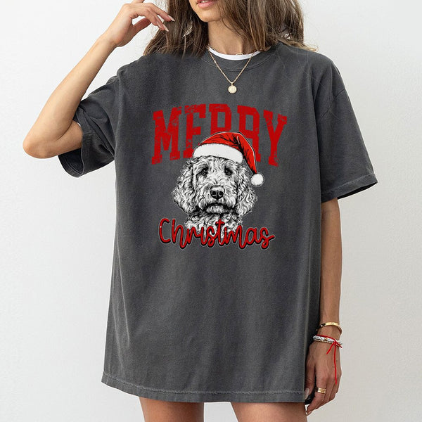 Santa Hat Dog Graphic Tee, Labradoodle Christmas T-Shirt, Adorable Doodle Dog Christmas Shirt, Holiday Pet Lover T-Shirt, Xma