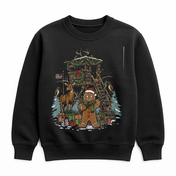 Humorous Deer Hunter Sweatshirt, Gingerbread Man Hunting Sweatshirt, Christmas Cabin Scene Pullover, Holiday Hunting Sweatshi