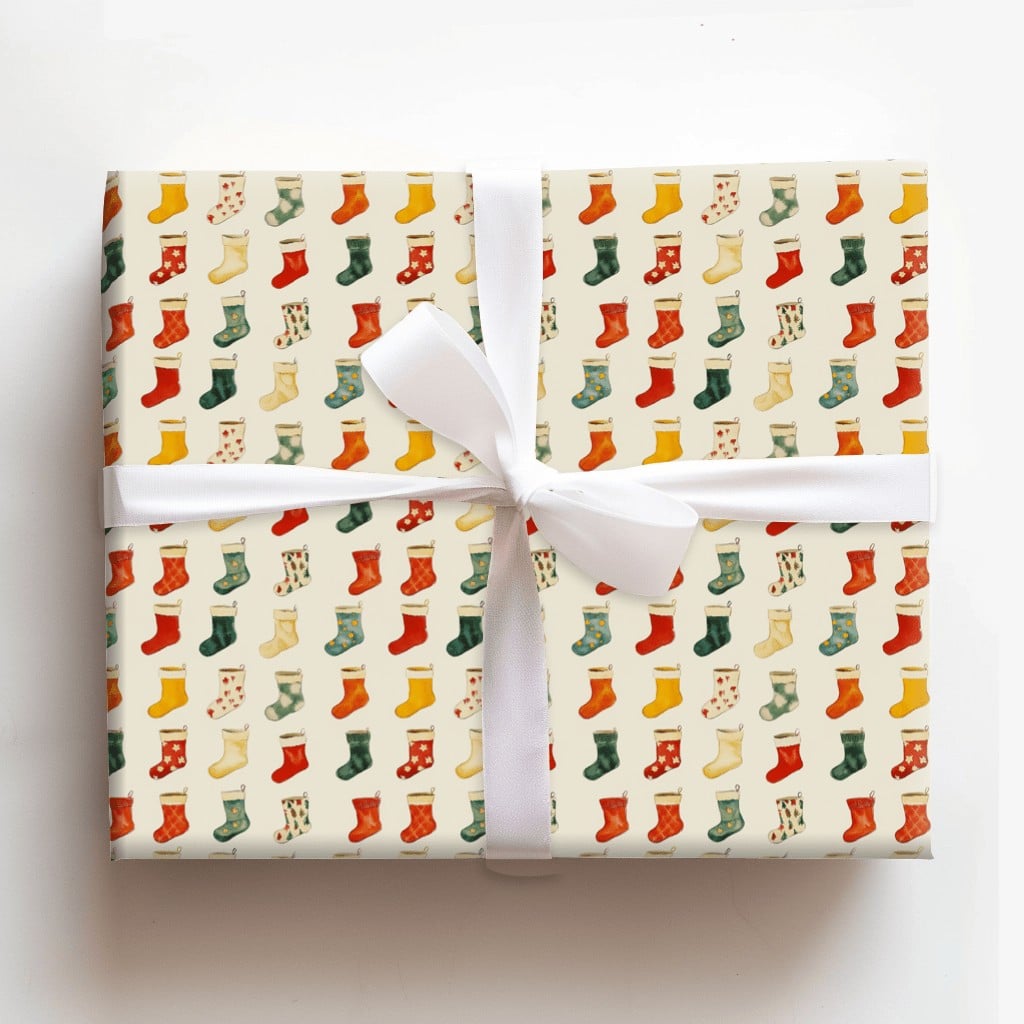 Vintage Holiday Gift Wrap, Christmas Stocking Wrapping Paper, Colorful Festive Christmas Wrapping Paper Roll, Traditional Xma