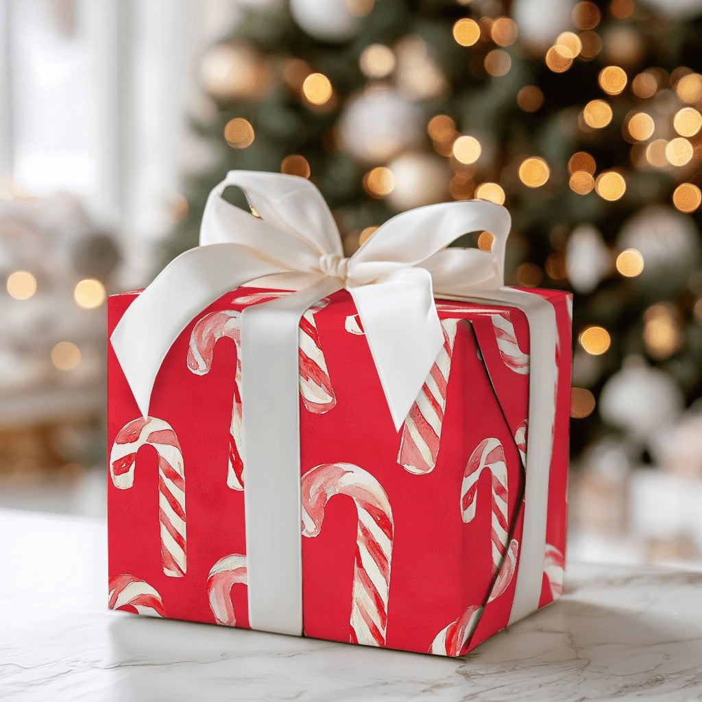 Red Christmas Gift Wrap, Watercolor Candy Cane Wrapping Paper, Festive Holiday Wrapping Paper, Classic Xmas Present Paper Rol