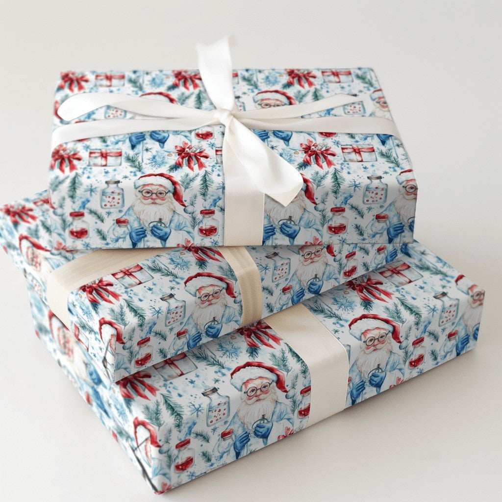 Medical Holiday Gift Wrap, Scientist Santa Wrapping Paper, Lab Coat Santa Christmas Paper, Science Gift Wrap, Doctor Nurse Ho