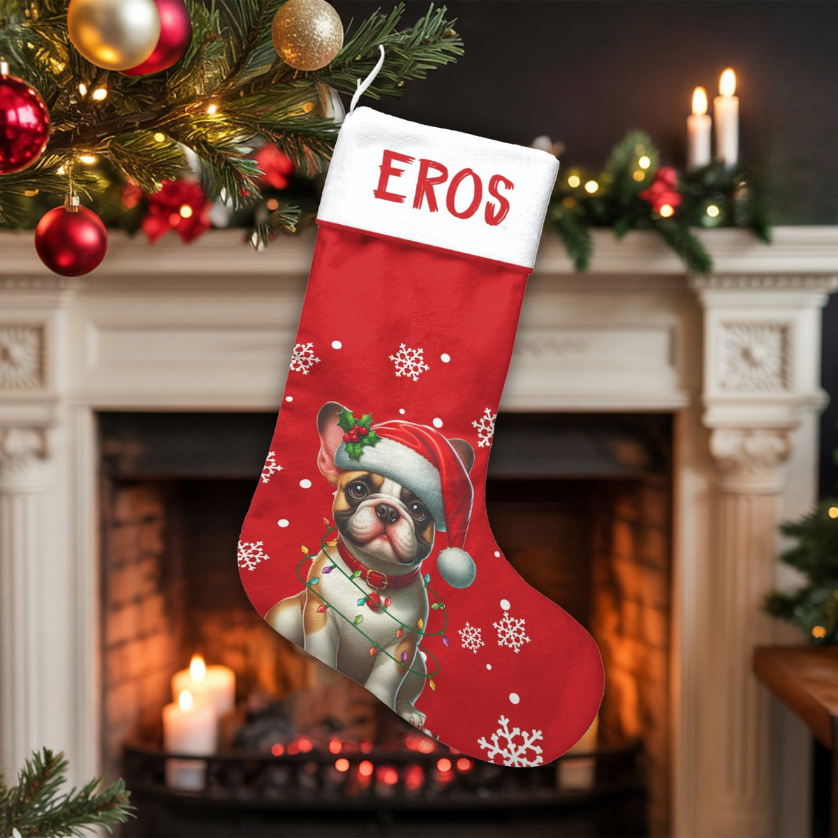 Santa Hat Frenchie Holiday Decor, Personalized French Bulldog Christmas Stocking, Velboa Fabric Stocking, Custom Dog Lover Pe