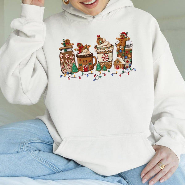 Adorable Holiday Coffee Mug Sweatshirt, Christmas Gingerbread Hoodie, Comfy Gingerbread Man Hoodie, Festive Winter Hooded Swe
