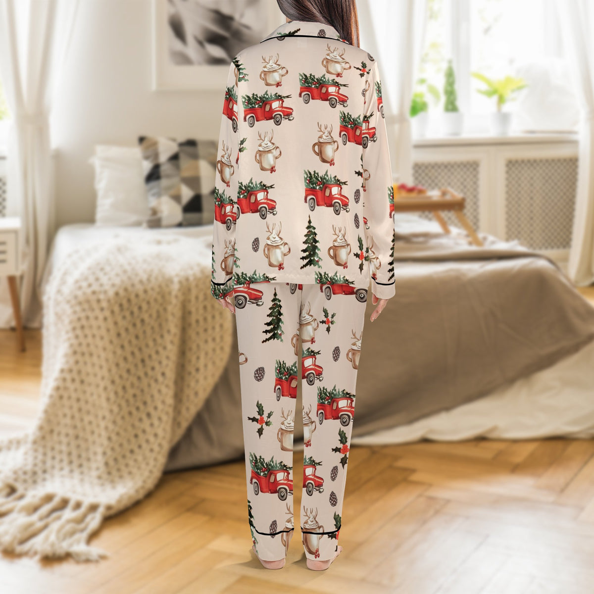 Holiday Mug Print Pajamas, Red Truck Christmas Pajama Set, Winter Festive Satin Pajamas, Comfy Xmas Loungewear Sleep Set, Pre
