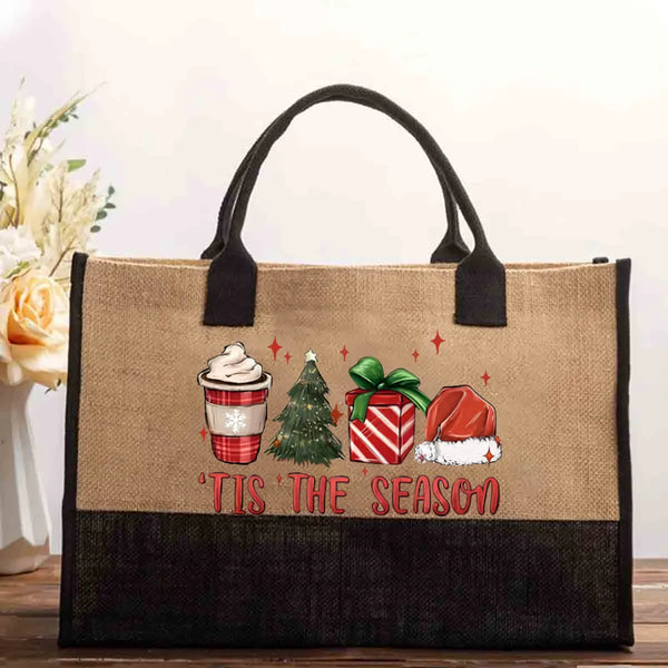 Retro Christmas Canvas Tote, Tis the Season Holiday Tote Bag, Festive Winter Shopping Bag, Holiday Season Reusable Cotton Tot