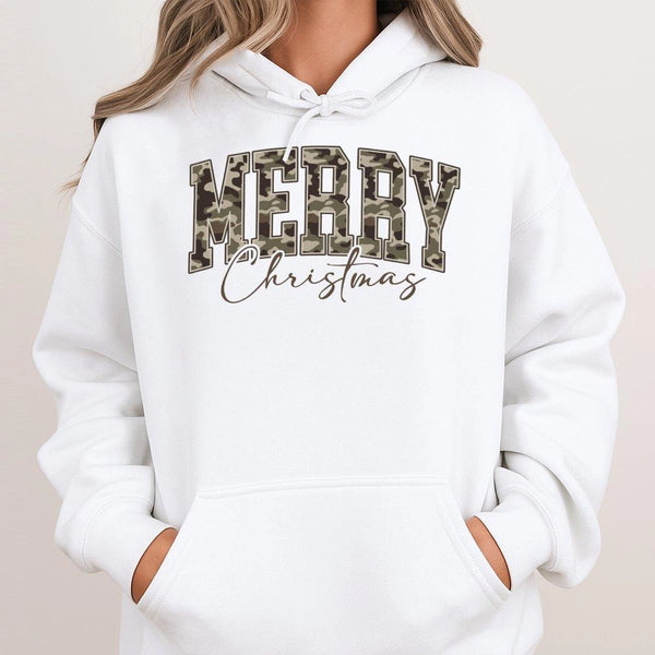 Varsity Letter Holiday Hoodie, Merry Christmas Camo Hoodie, Camouflage Xmas Sweatshirt, Casual Winter Camo Hoodie, Holiday Pr