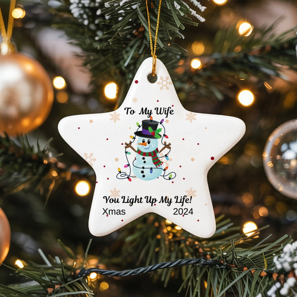 Wife Christmas Ornament, To My Wife Snowman Star Ornament, Light Up My Life Star Ornament, Romantic Ceramic Keepsake Present 