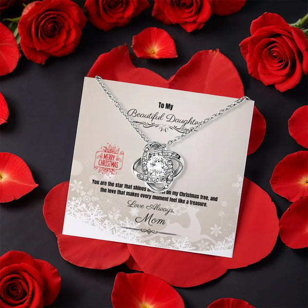 Christmas Message Card Necklace, Daughter Love Knot Necklace, CZ Crystal Love Knot Pendant, Holiday Present for Daughter from