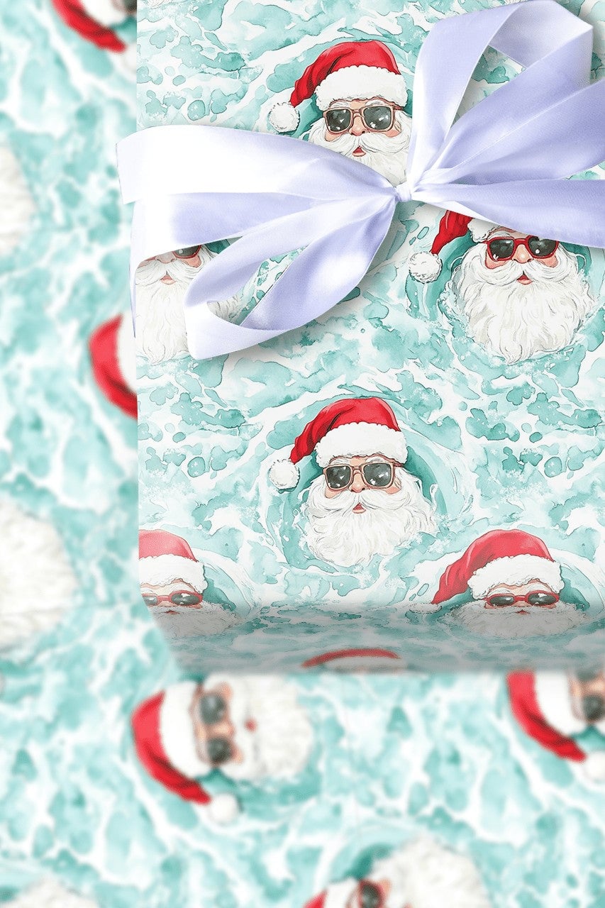 Sunglasses Santa Christmas Gift Wrap, Cool Santa Wrapping Paper, Tropical Holiday Present Paper