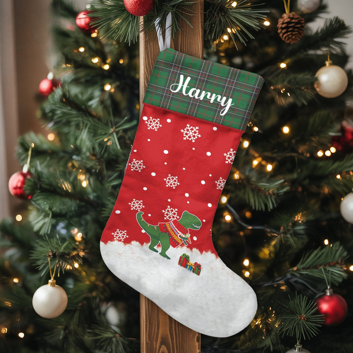 Custom Name T-Rex Holiday Stocking, Personalized Dinosaur Christmas Stocking, Adorable Dino Winter Stocking, Fireplace Decor,