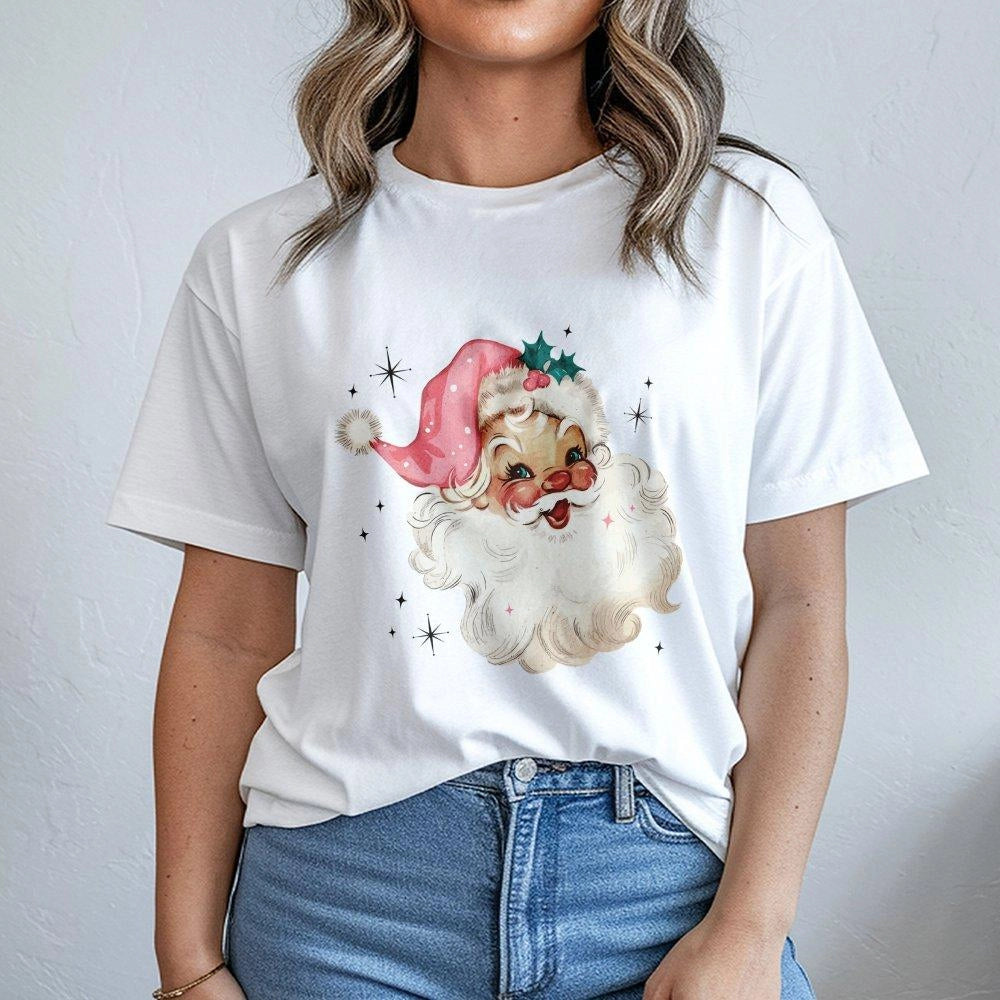 Pink Hat Vintage Christmas T-Shirt, Retro Santa T-Shirt, Festive Holiday Graphic Shirt, Adorable Xmas Santa Tee, Holiday Seas