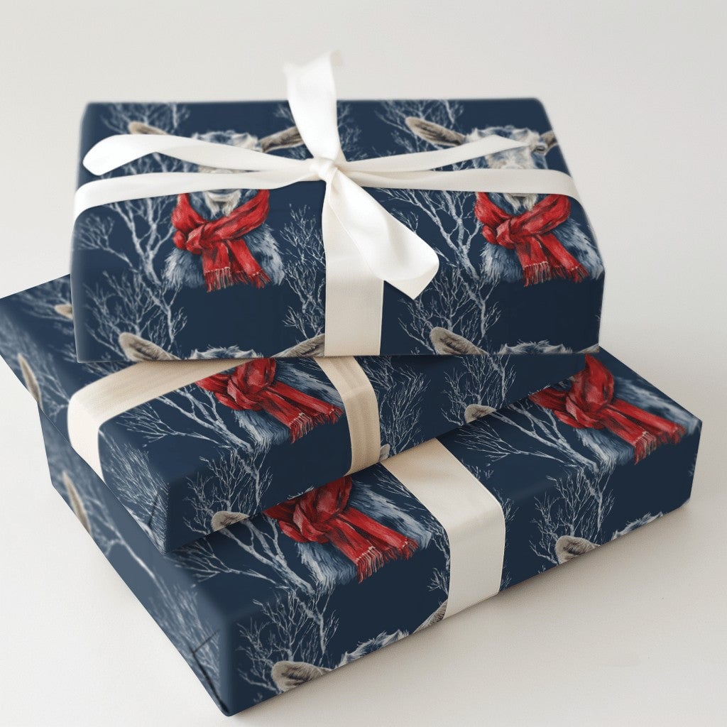 Navy Blue Red Scarf Holiday Gift Wrap, Winter Goat Christmas Wrapping Paper, Farm Animal Christmas Wrapping Paper, Festive Wi