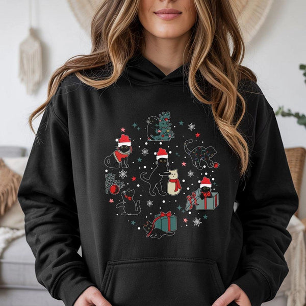 Festive Santa Hat Cat Hoodie, Christmas Black Cat Hoodie, Adorable Kitten Holiday Hoodie, Retro Spooky Xmas Sweatshirt, Prese