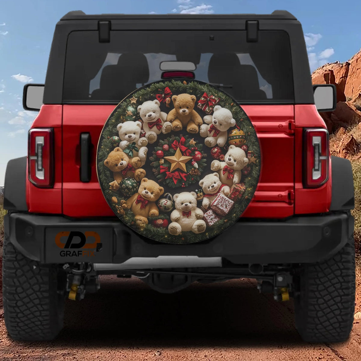 Festive Christmas Holiday Wheel Cover, Teddy Bear Wreath Spare Tire Cover, Adorable Winter Decor Tire Cover for Jeep SUV Truc