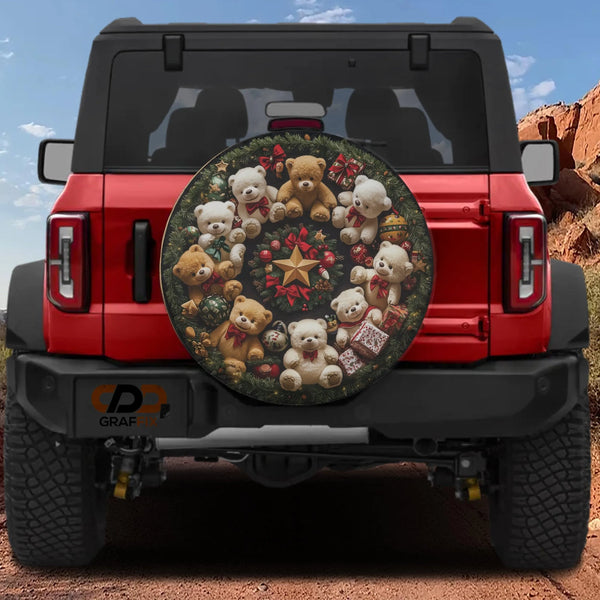 Festive Christmas Holiday Wheel Cover, Teddy Bear Wreath Spare Tire Cover, Adorable Winter Decor Tire Cover for Jeep SUV Truc