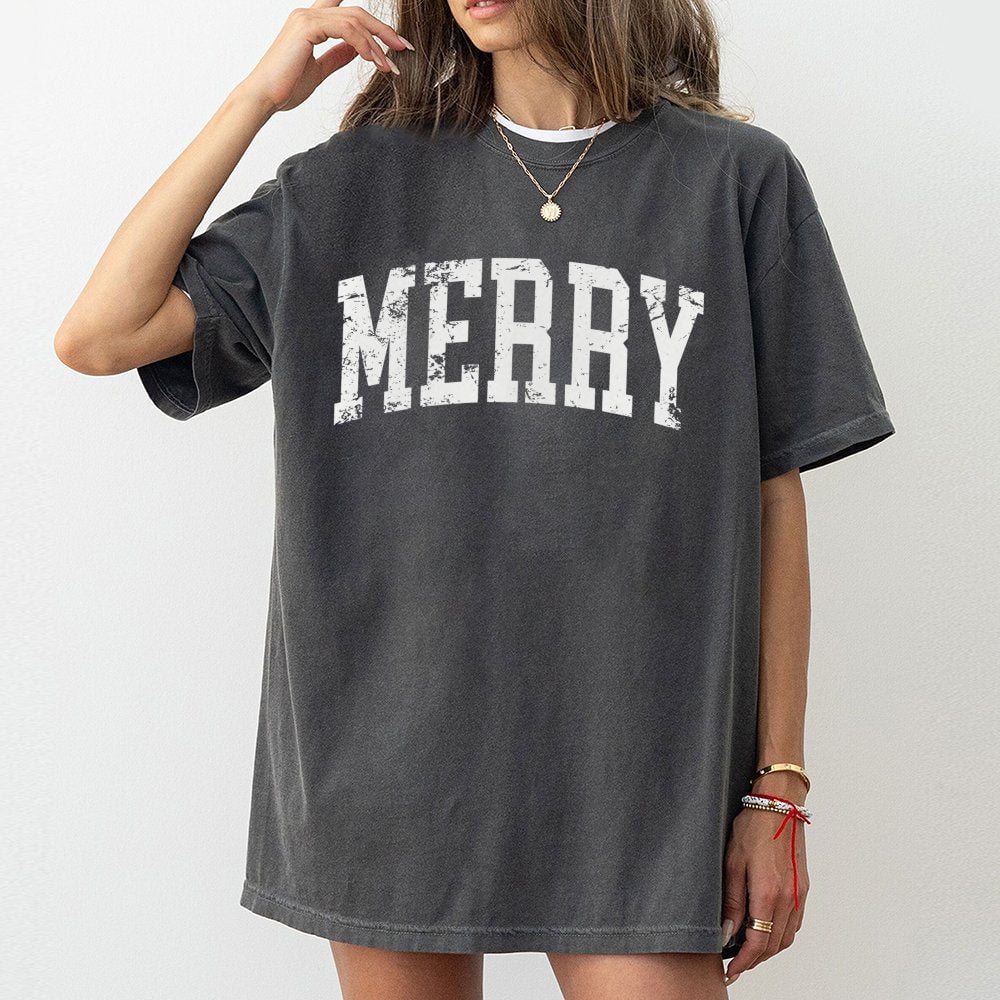Distressed Varsity Lettering Holiday Graphic Tee, Merry Christmas T-Shirt, Retro Winter Christmas Shirt, Xmas Family Present