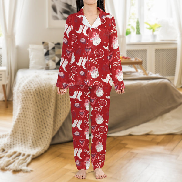 Western Cowboy Santa Pajamas, Ho Ho Howdy Satin Pajama Set, Retro Christmas Sleepwear, Country Holiday Pajama Set, Winter Pre