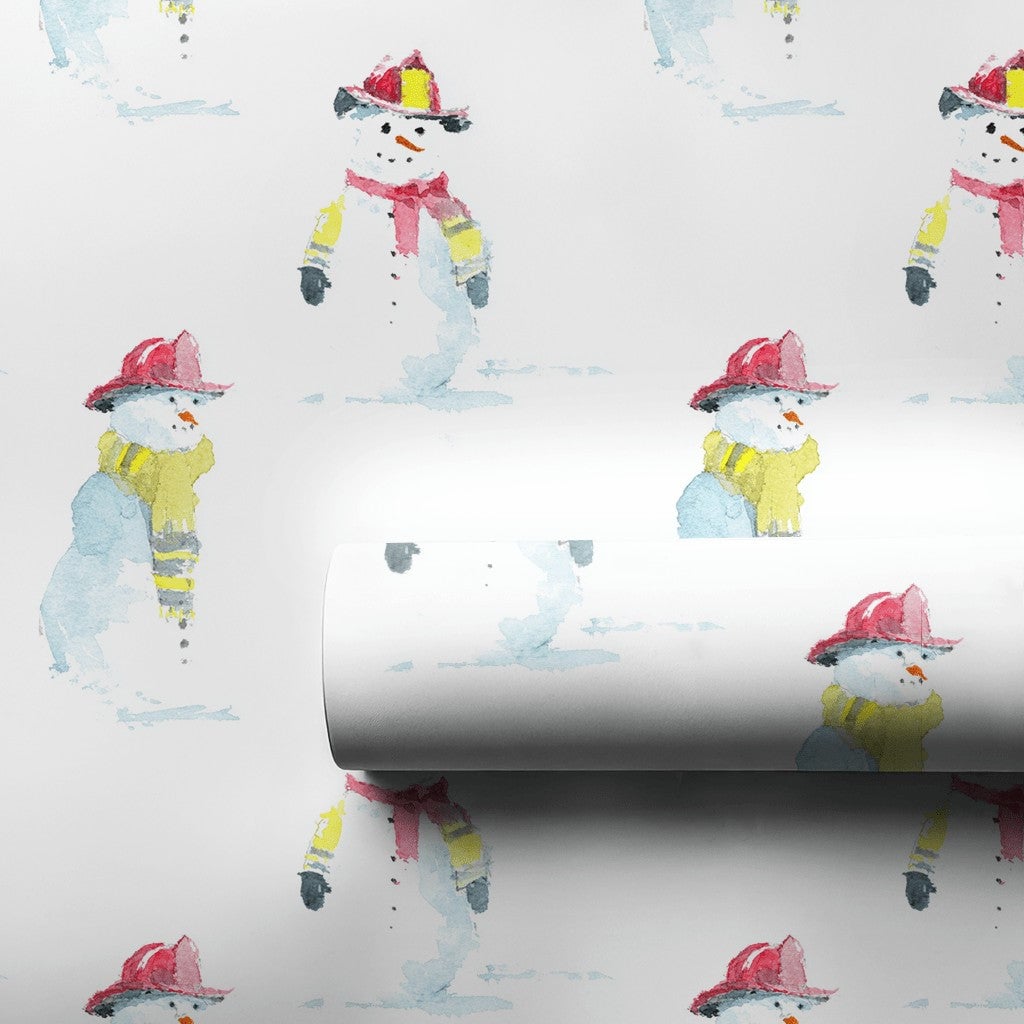 First Responder Gift Wrap, Firefighter Snowman Wrapping Paper, Watercolor Snowman Wrapping Paper, Adorable Christmas Firefigh