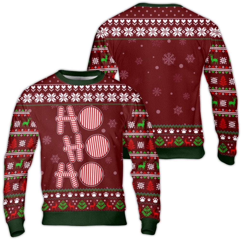Candy Cane Holiday Sweater, Ho Ho Ho Ugly Christmas Sweater, Reindeer Paw Print Ugly Sweater, Humorous Dog Lover Xmas Crewnec