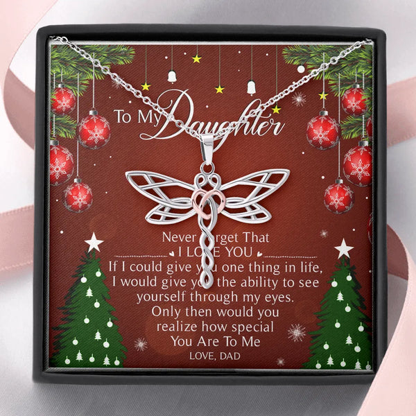 Two-Tone Stainless Steel Heart Necklace, Dragonfly Pendant Necklace, Sentimental Daughter Jewelry, Christmas Keepsake Present